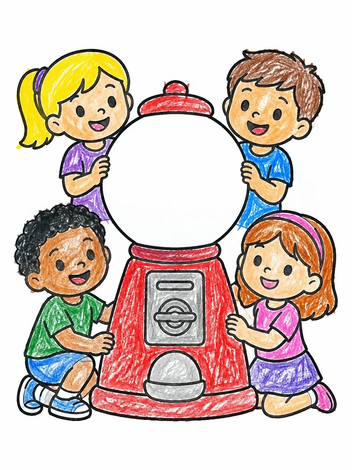 Colored example of the Happy Kids With Giant Gumball Machine coloring page