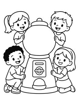 Free printable Happy Kids With Giant Gumball Machine coloring page