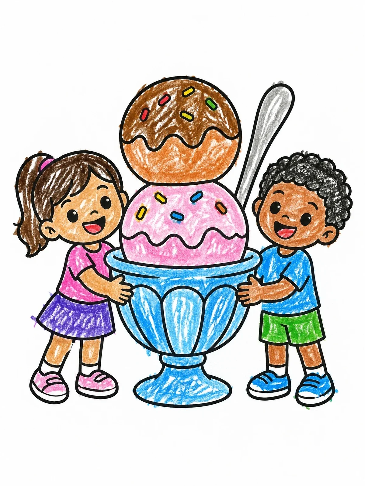 Colored example of the Kids With Giant Ice Cream Sundae coloring page