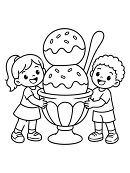 Free printable Kids With Giant Ice Cream Sundae coloring page