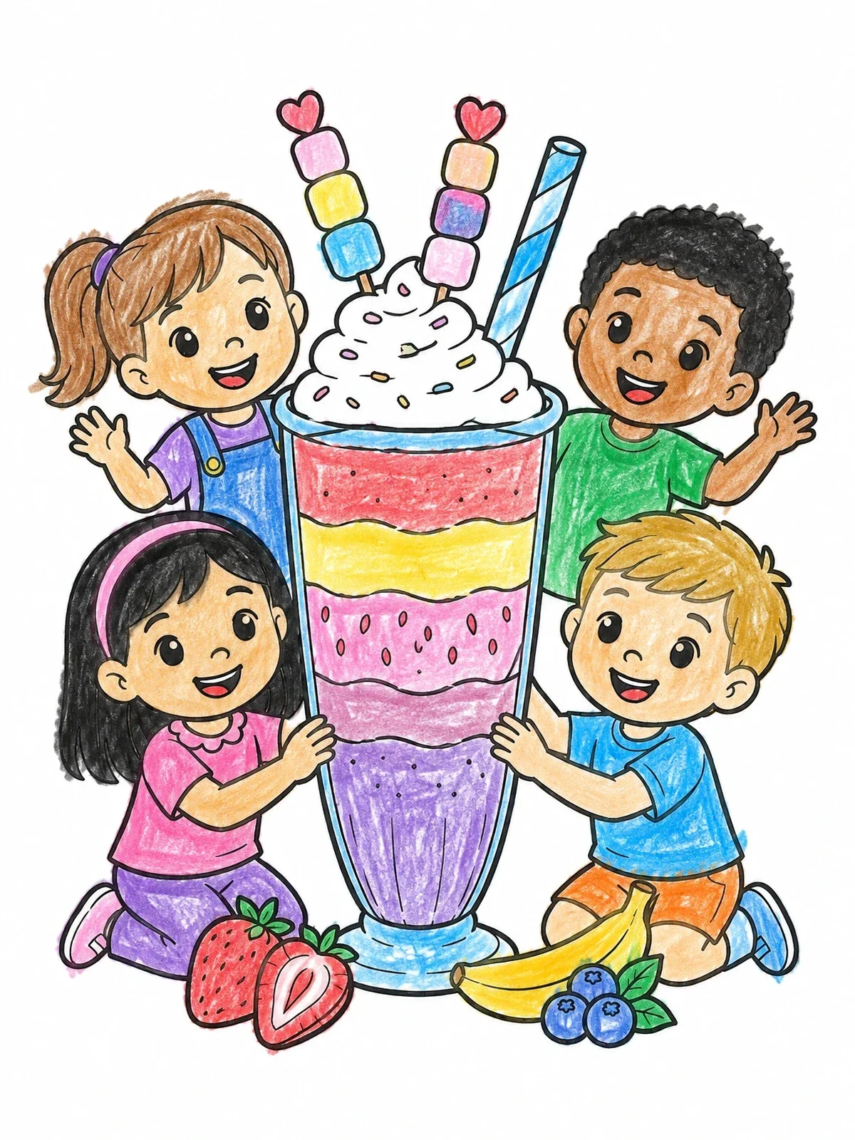 Colored example of the Kids With Giant Layered Smoothie coloring page