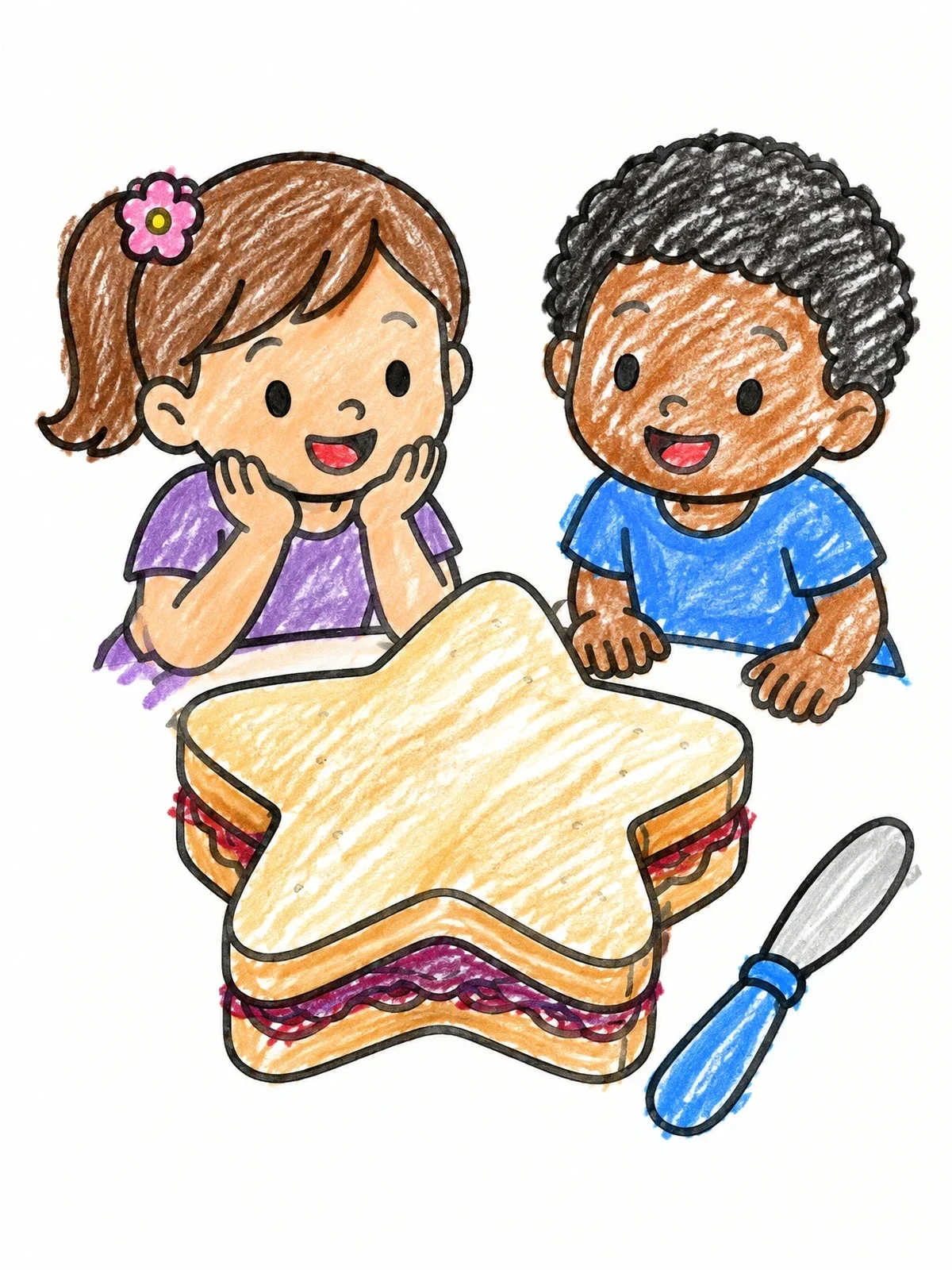 Colored example of the Kids With Giant Star Sandwich coloring page