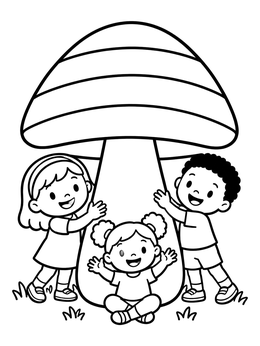 Free printable Children Playing Under A Giant Mushroom coloring page