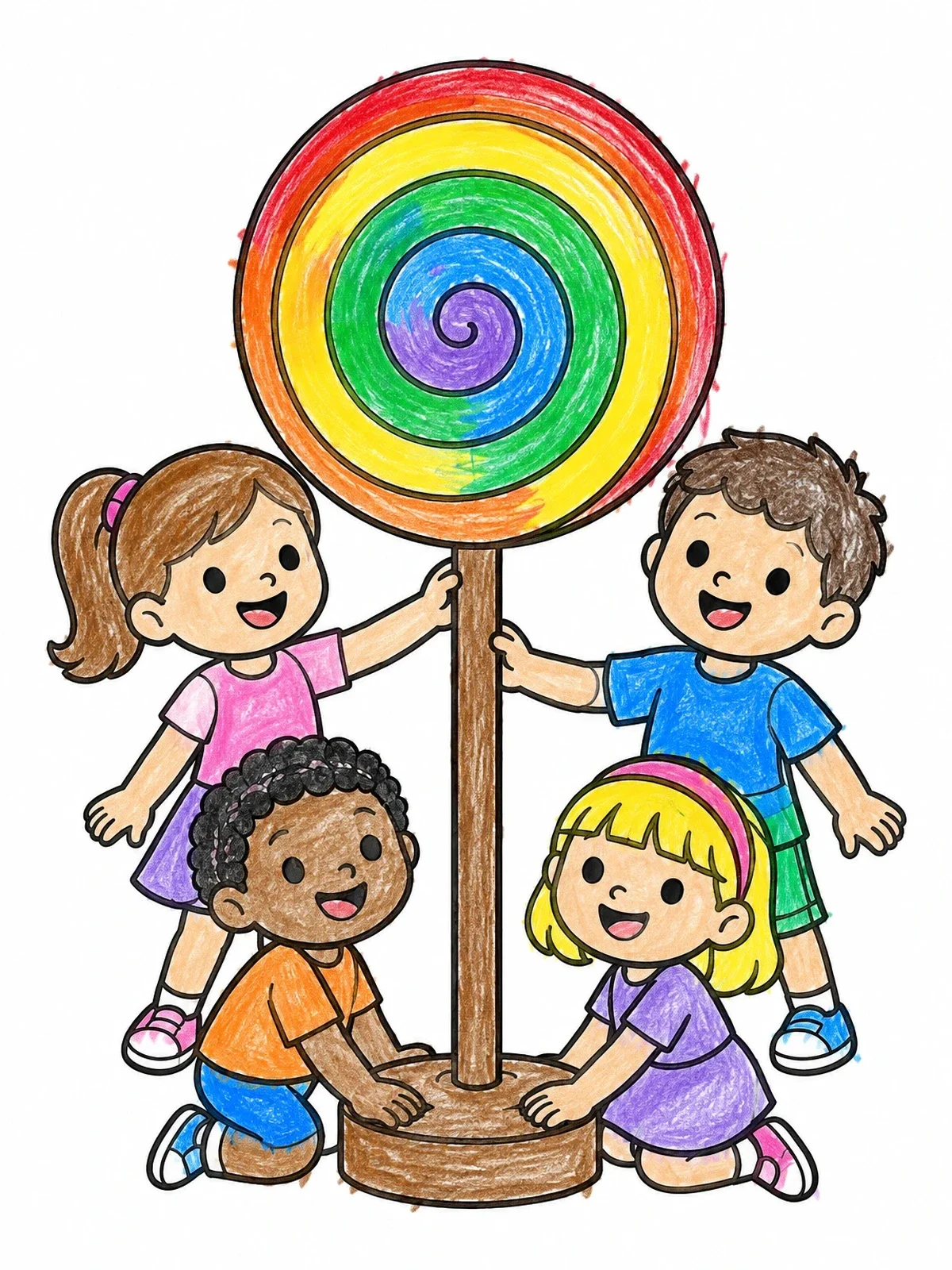 Colored example of the Kids With Giant Swirl Lollipop coloring page