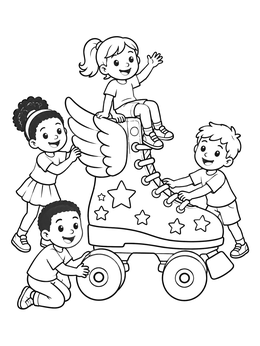 Free printable Kids With Giant Winged Roller Skate coloring page