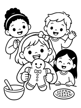 Happy children baking together in this fun gingerbread coloring page.
