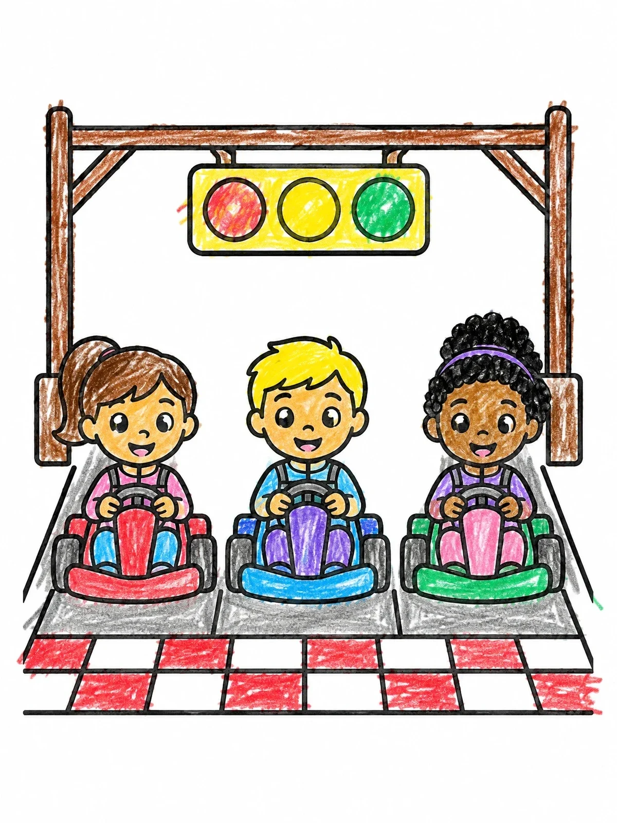 Colored example of the Kids At The Go Kart Starting Line coloring page