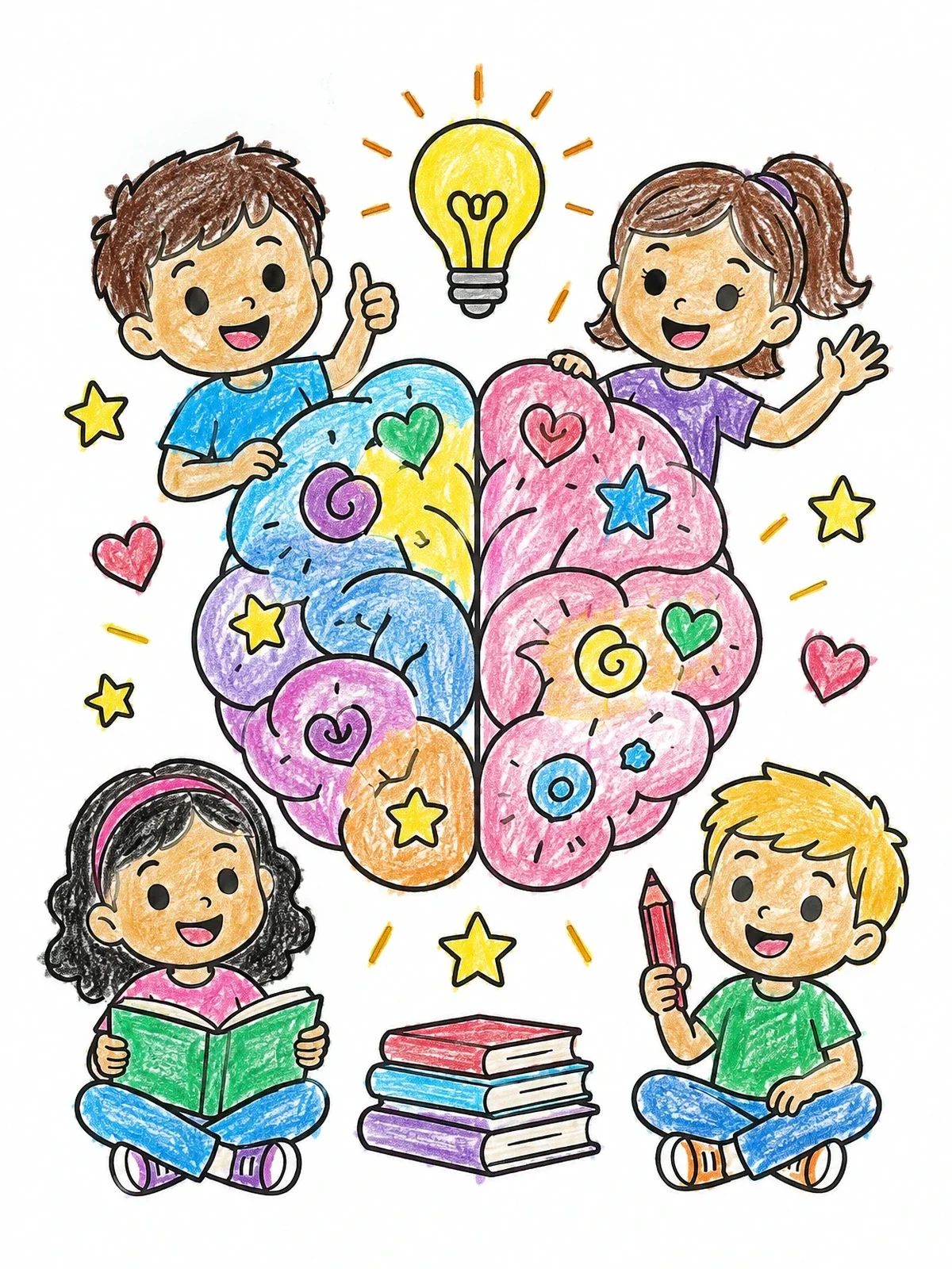 Colored example of the Kids Exploring Growth Mindset Brain coloring page