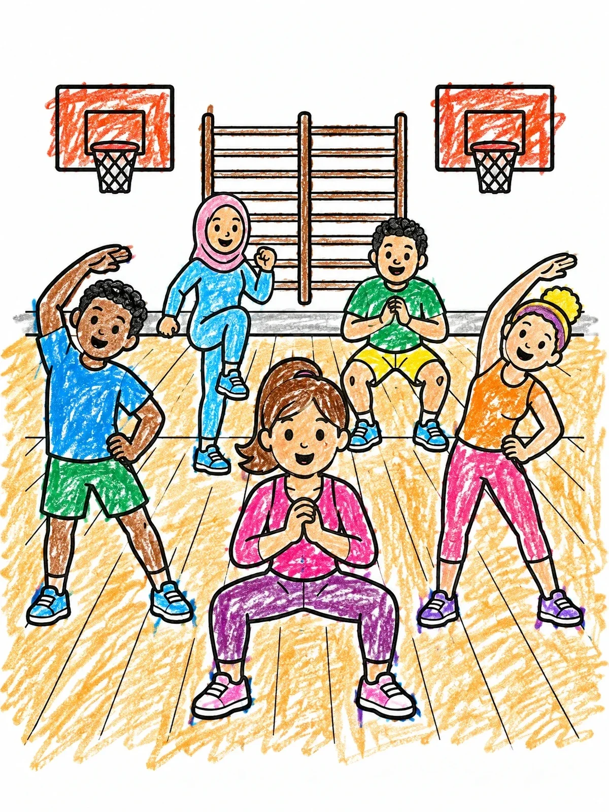 Colored example of the Kids Exercising In School Gym coloring page