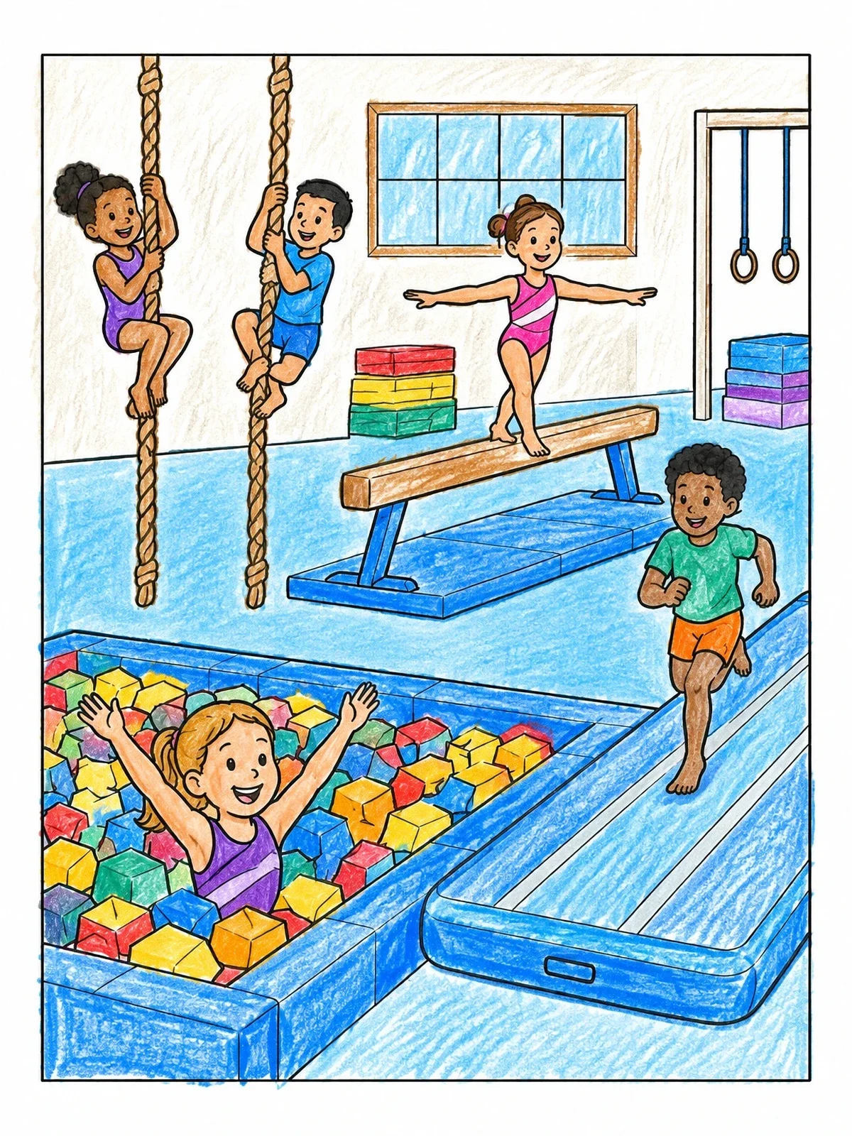 Colored example of the Kids Having Fun At Gymnastics Practice coloring page