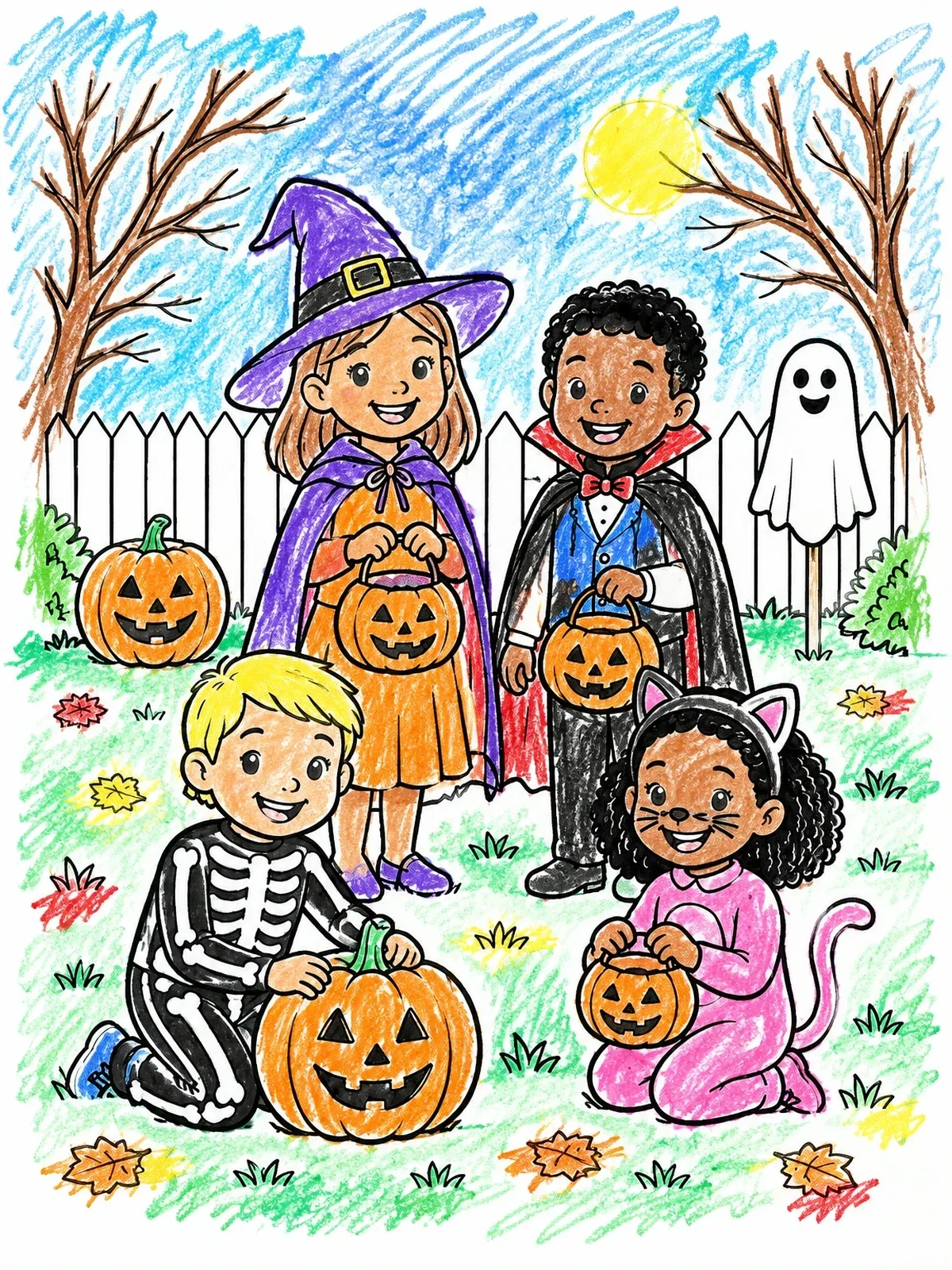 Colored example of the Children Trick Or Treating In Costumes coloring page