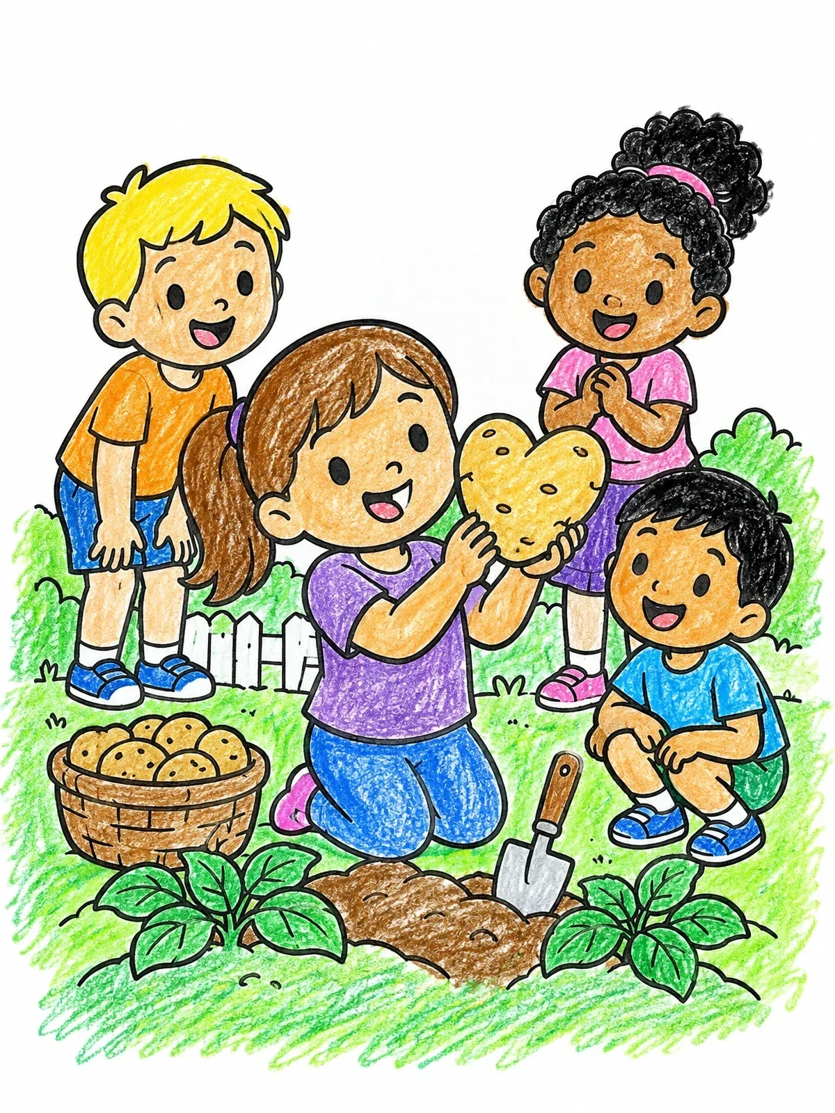 Colored example of the Children Finding Heart Shaped Potato coloring page