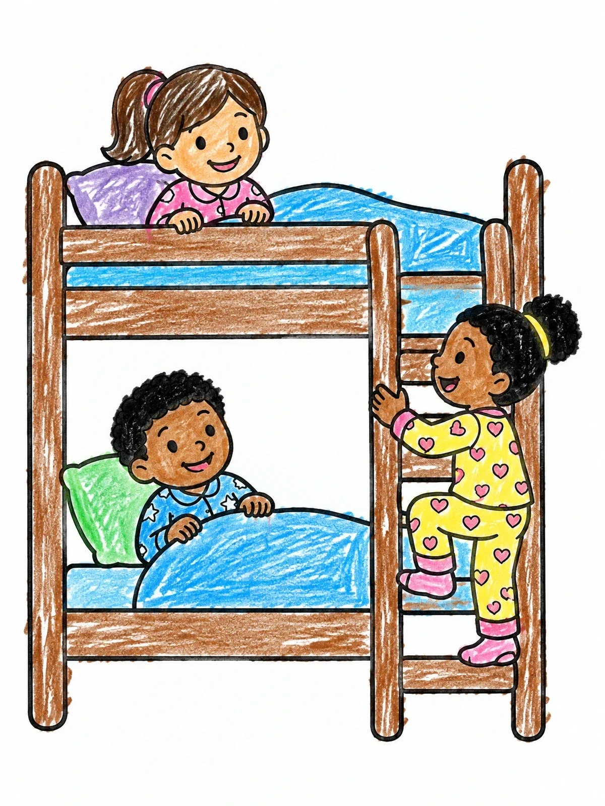 Colored example of the Children Having Fun On Bunk Bed coloring page