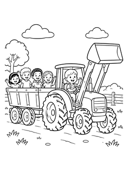Happy kids enjoy a hayride in this cute tractor coloring page.