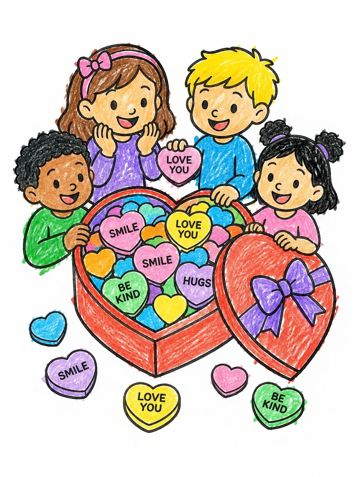 Colored example of the Kids With Heart Candy Box coloring page