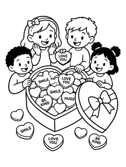 Happy children sharing heart-shaped sweets in this candy coloring page.