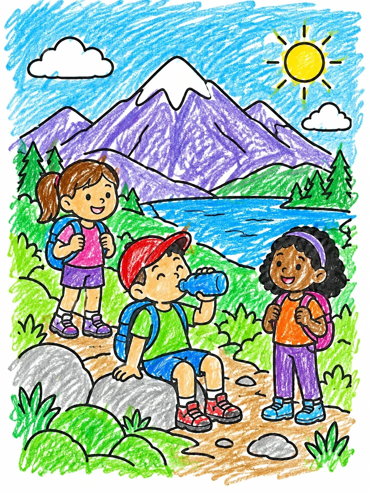 Colored example of the Children Hiking In The Mountains coloring page