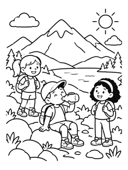 Kids resting near a lake on a mountain coloring page outdoors.