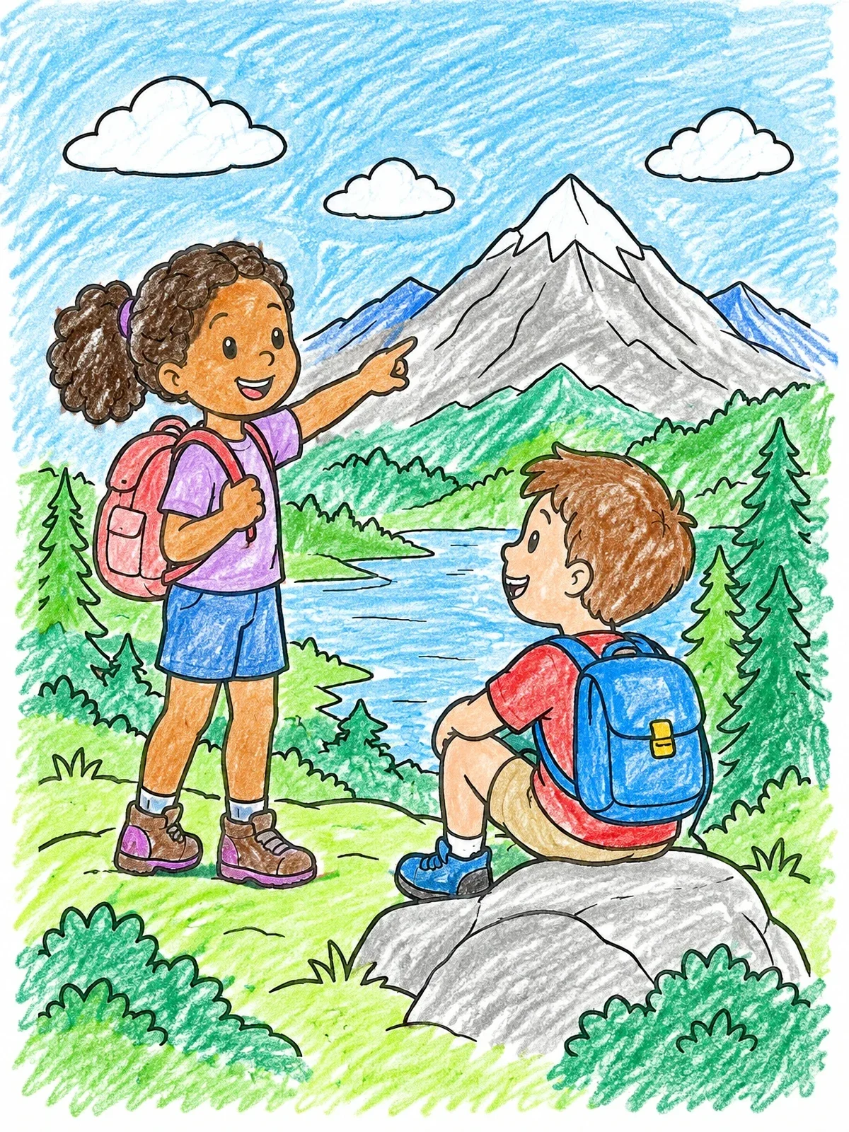 Colored example of the Young Hikers Pointing To Mountain Peak coloring page