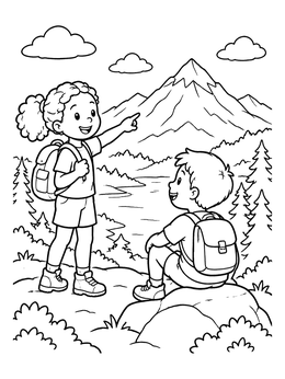 Free printable Young Hikers Pointing To Mountain Peak coloring page