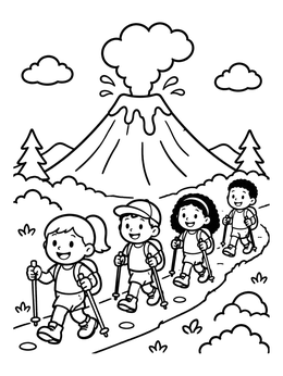 A fun volcano coloring page featuring cheerful kids hiking along a scenic mountain trail.