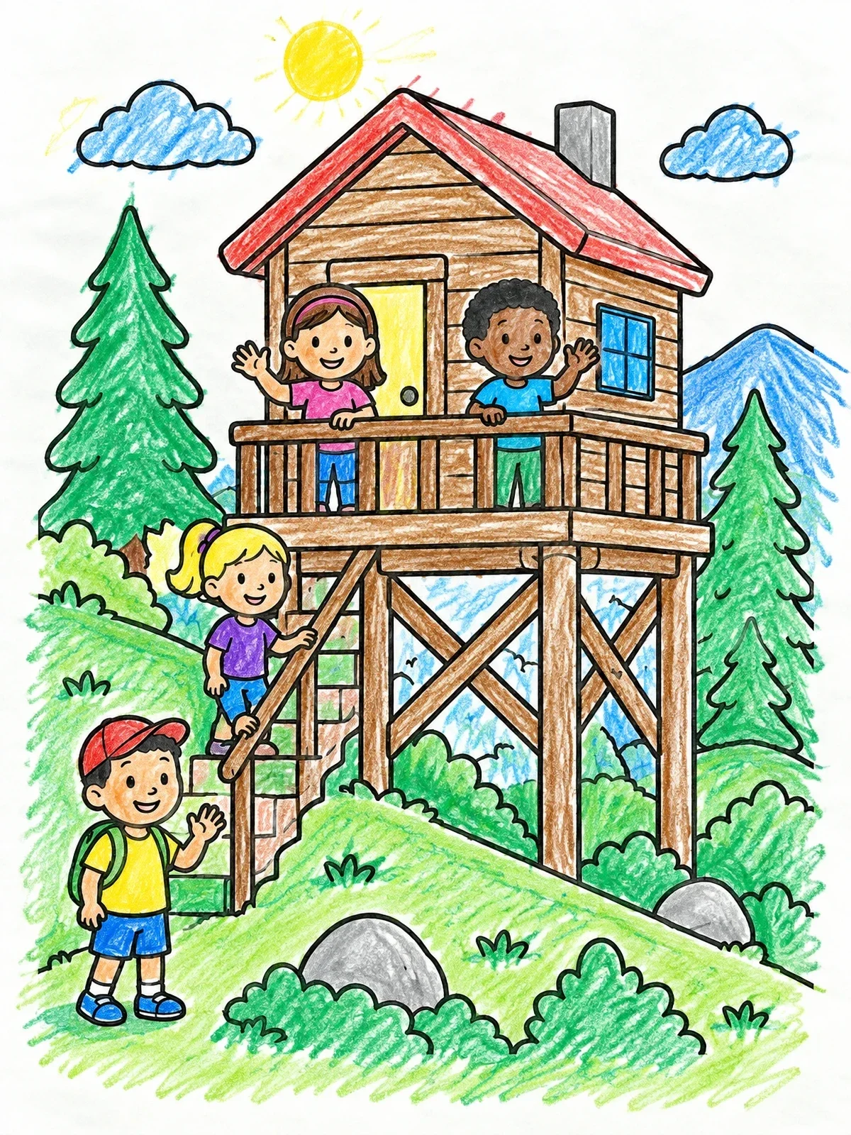 Colored example of the Kids At The Hillside Cabin coloring page