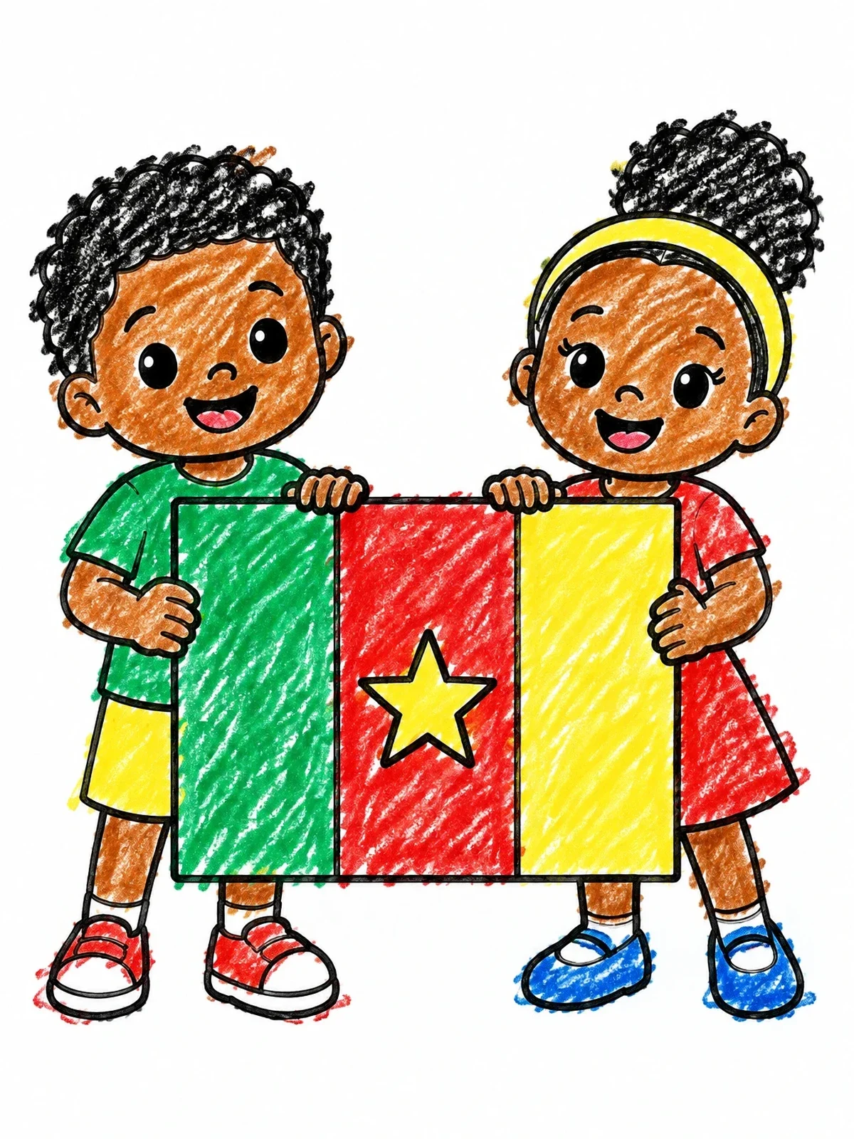 Colored example of the Children Holding Cameroon Flag coloring page