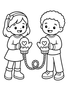 Free printable Happy Kids Holding Connected Winter Mittens coloring page