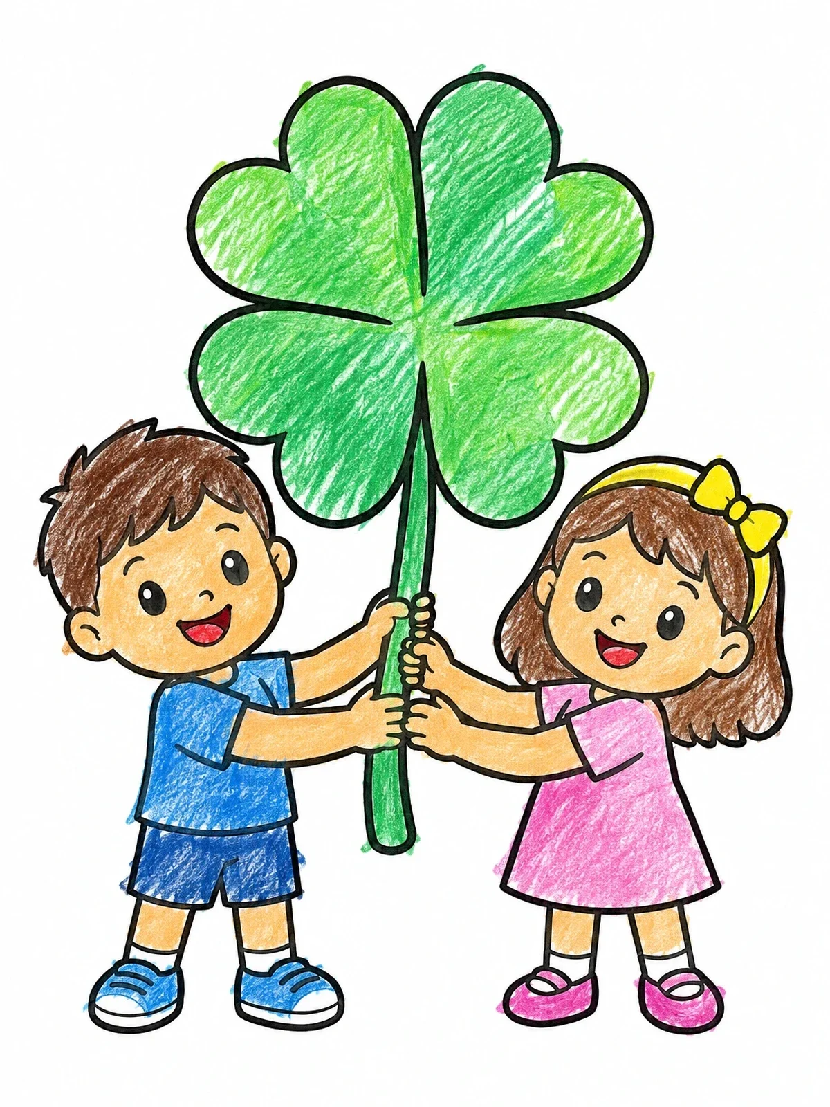 Colored example of the Kids Holding Giant Four Leaf Clover coloring page
