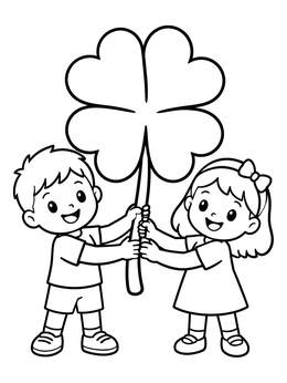 Free printable Kids Holding Giant Four Leaf Clover coloring page