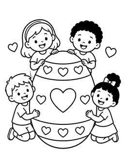 Happy children surround a giant heart pattern in this easter egg coloring page.