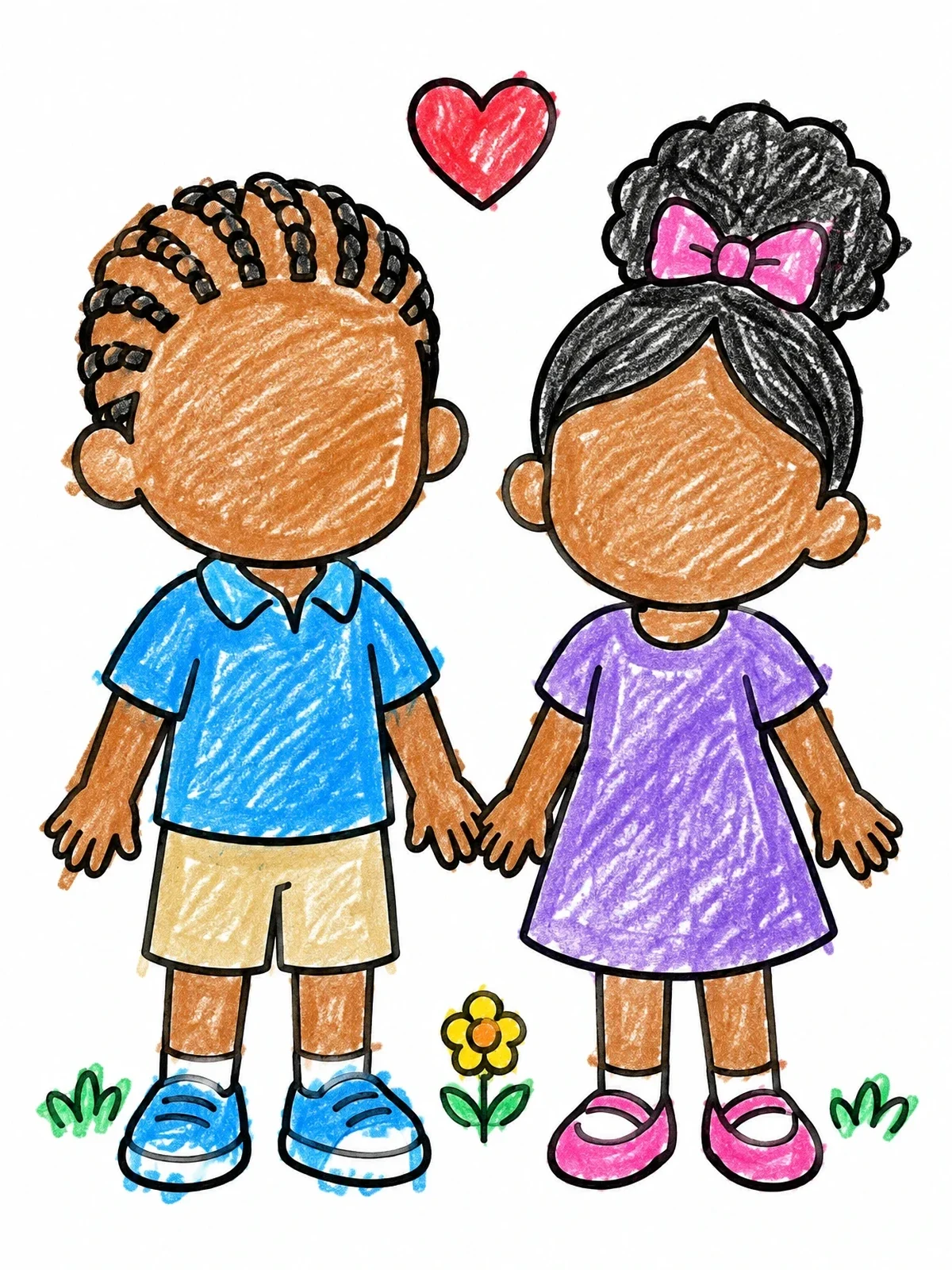 Colored example of the Cute Kids Holding Hands Blank Template coloring page