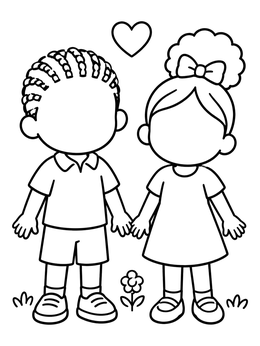 Two young friends holding hands on a blank faces coloring page.