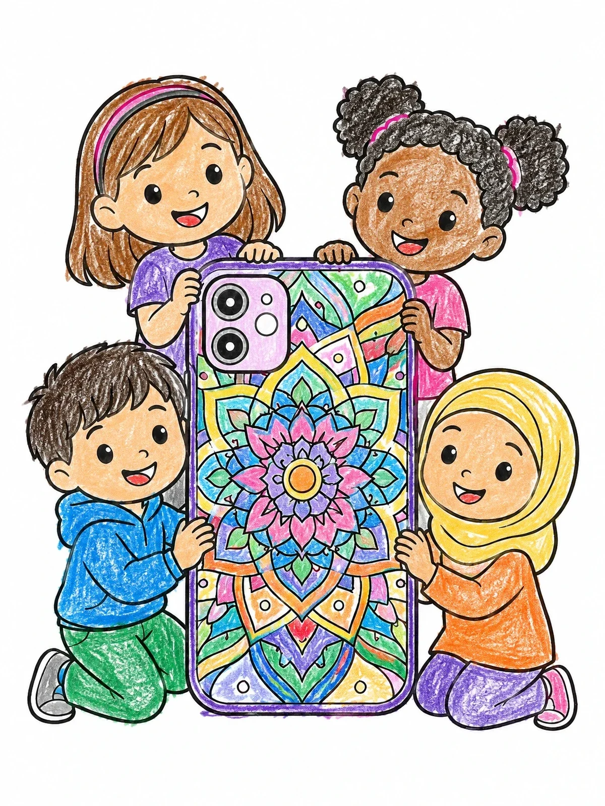 Colored example of the Kids Holding Mandala Phone Case coloring page