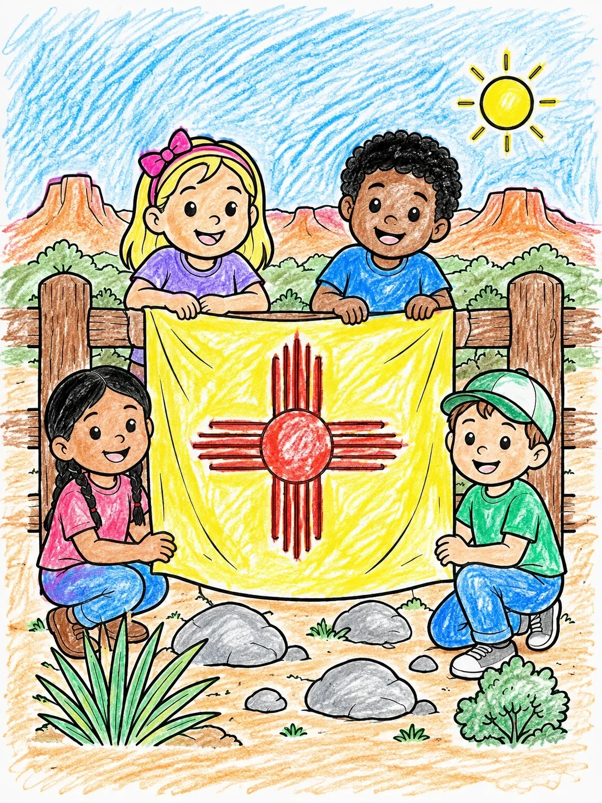 Colored example of the Kids Holding The New Mexico Flag coloring page