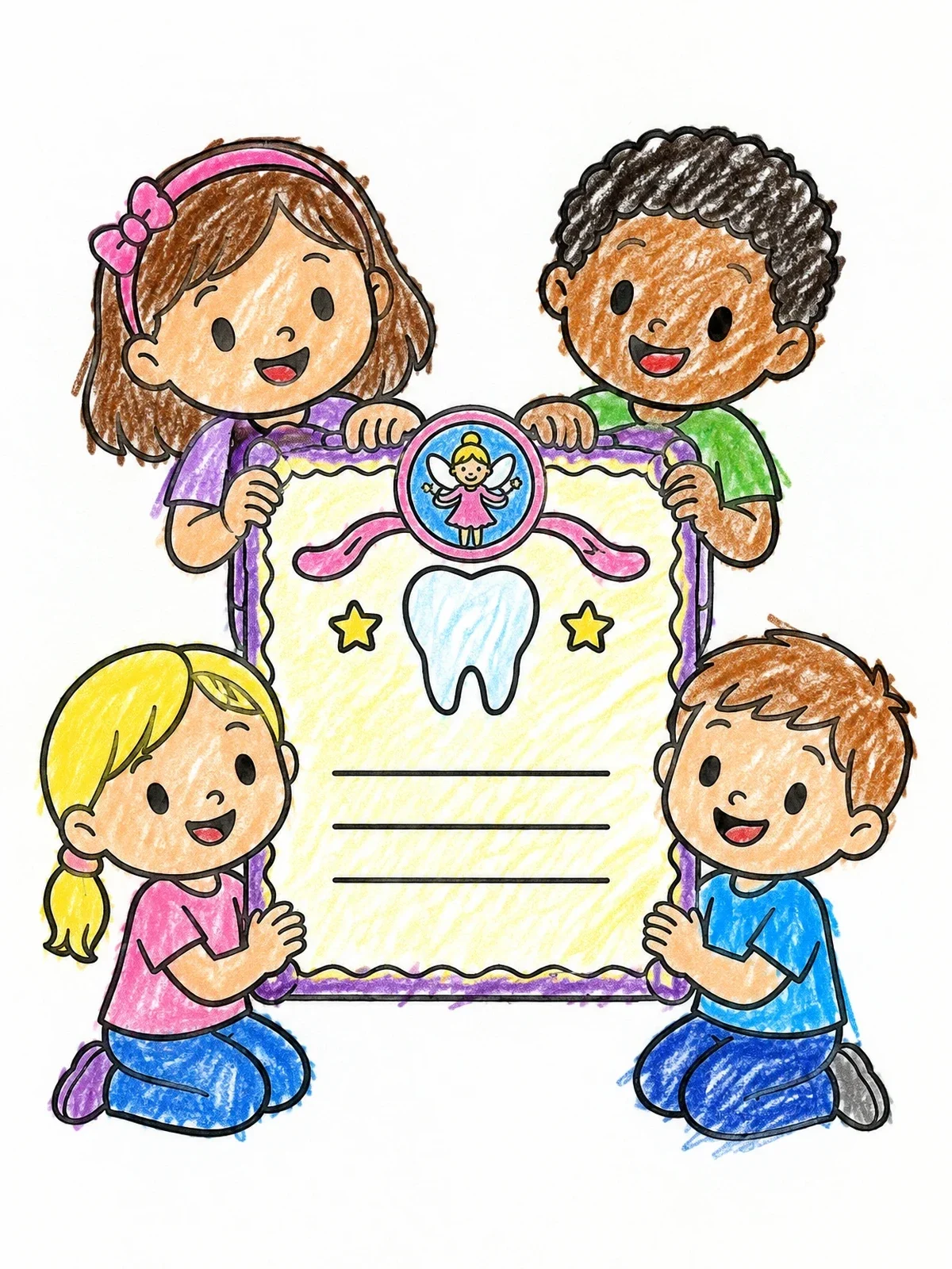 Colored example of the Children Holding Tooth Fairy Certificate coloring page