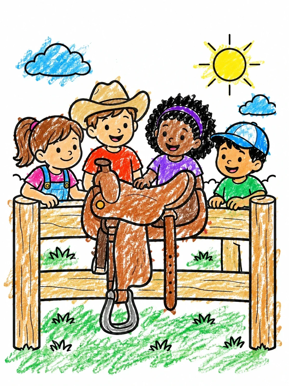 Colored example of the Children Looking At Horse Saddle On Fence coloring page