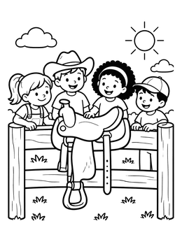 Free printable Children Looking At Horse Saddle On Fence coloring page