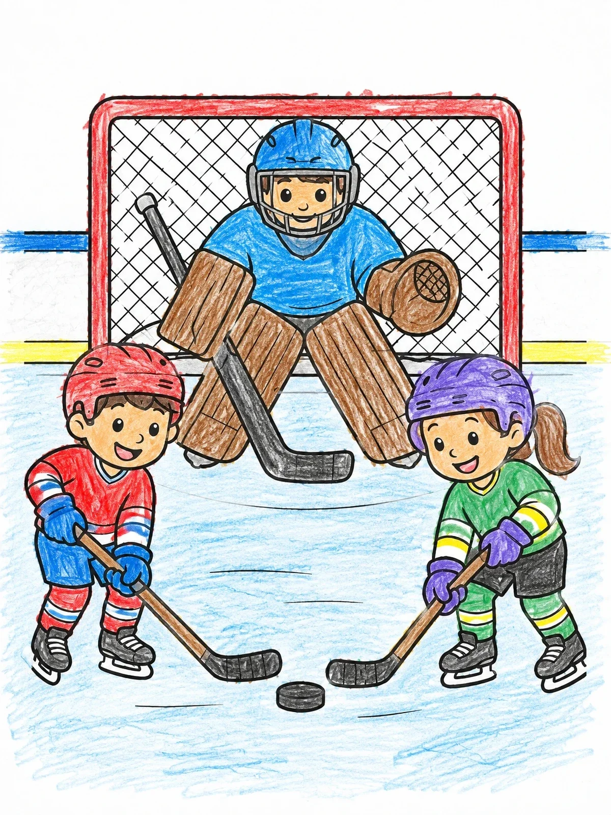 Colored example of the Kids Ice Hockey Face Off coloring page