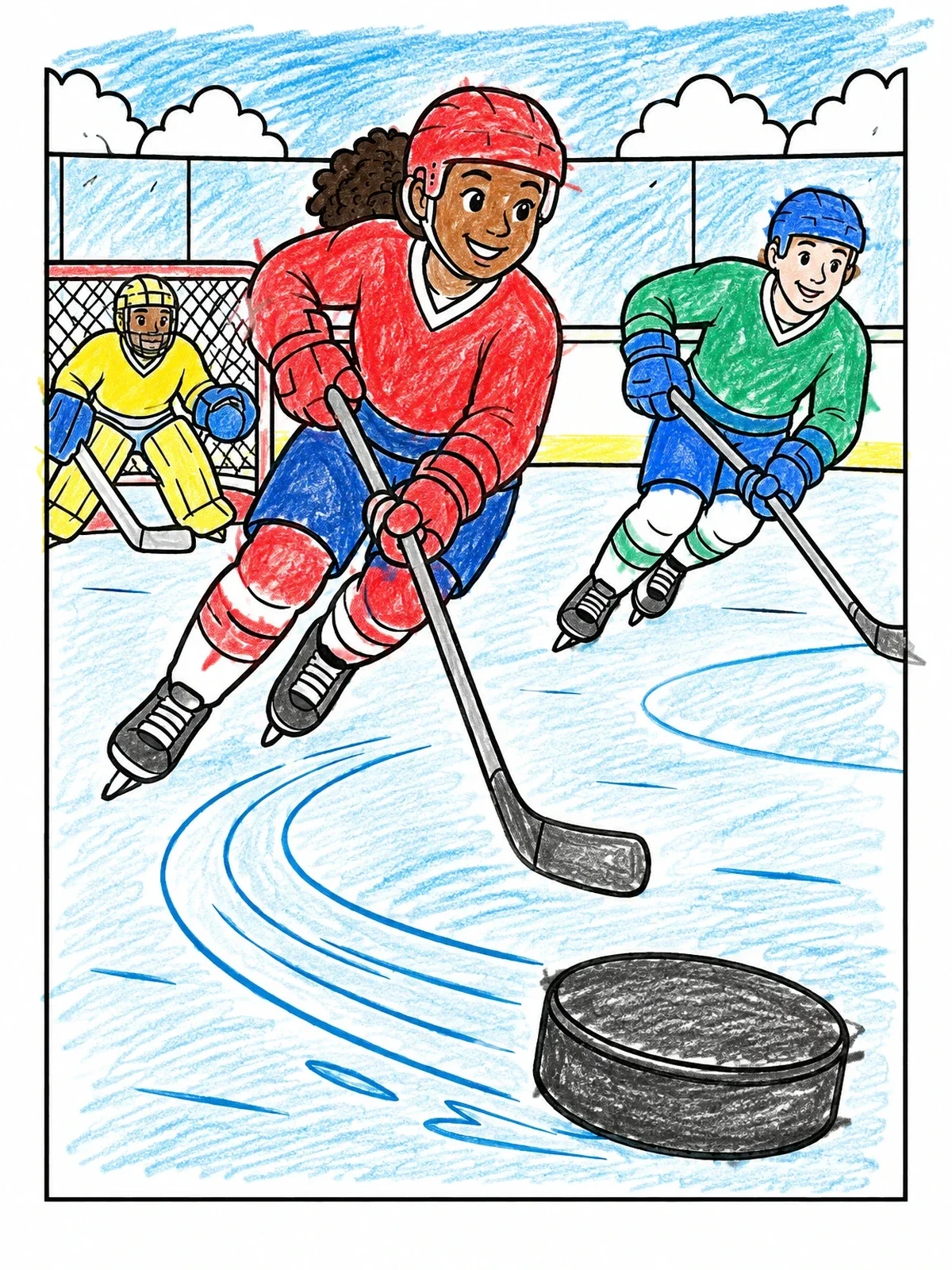 Colored example of the Youth Hockey Players On Ice coloring page