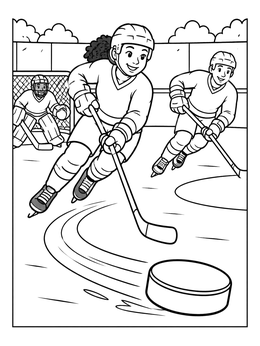 A dynamic hockey coloring page featuring kids skating after a sliding puck near the net.