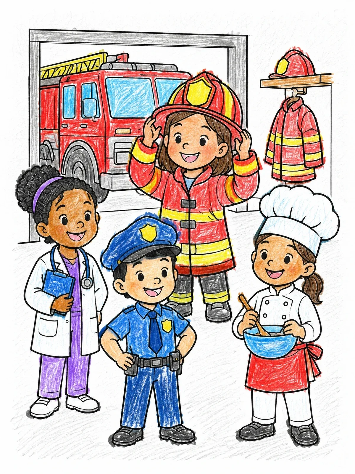 Colored example of the Children Dressed In Career Uniforms coloring page