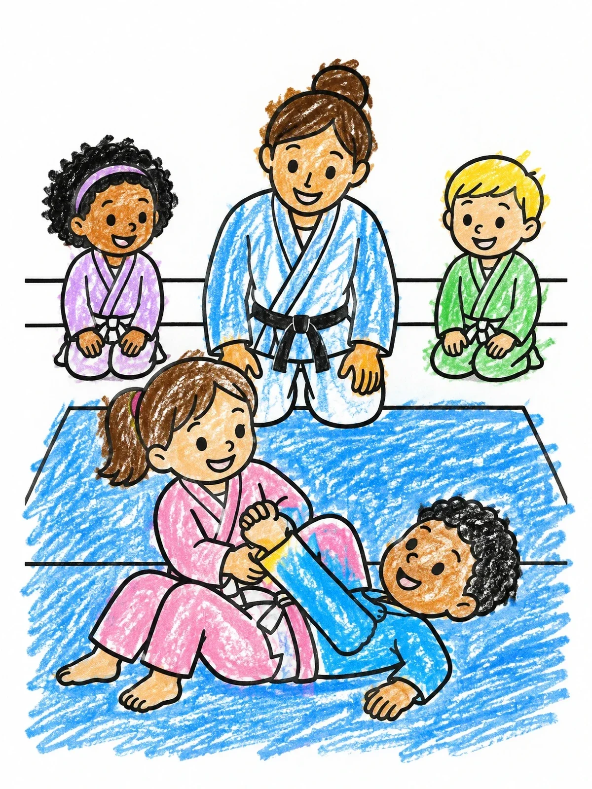 Colored example of the Kids Jiu Jitsu Dojo Class coloring page