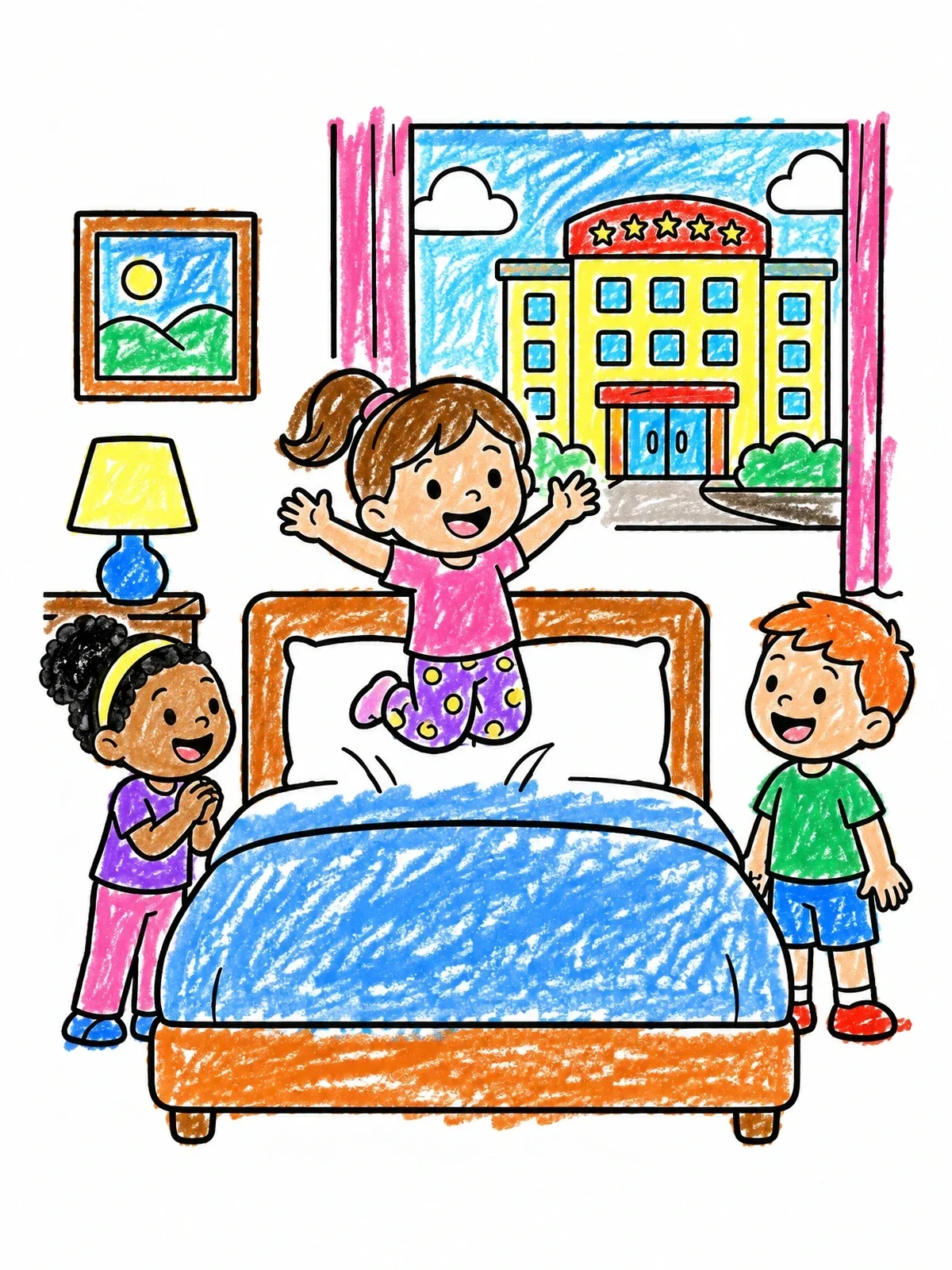Colored example of the Kids Having Fun In Hotel Room coloring page