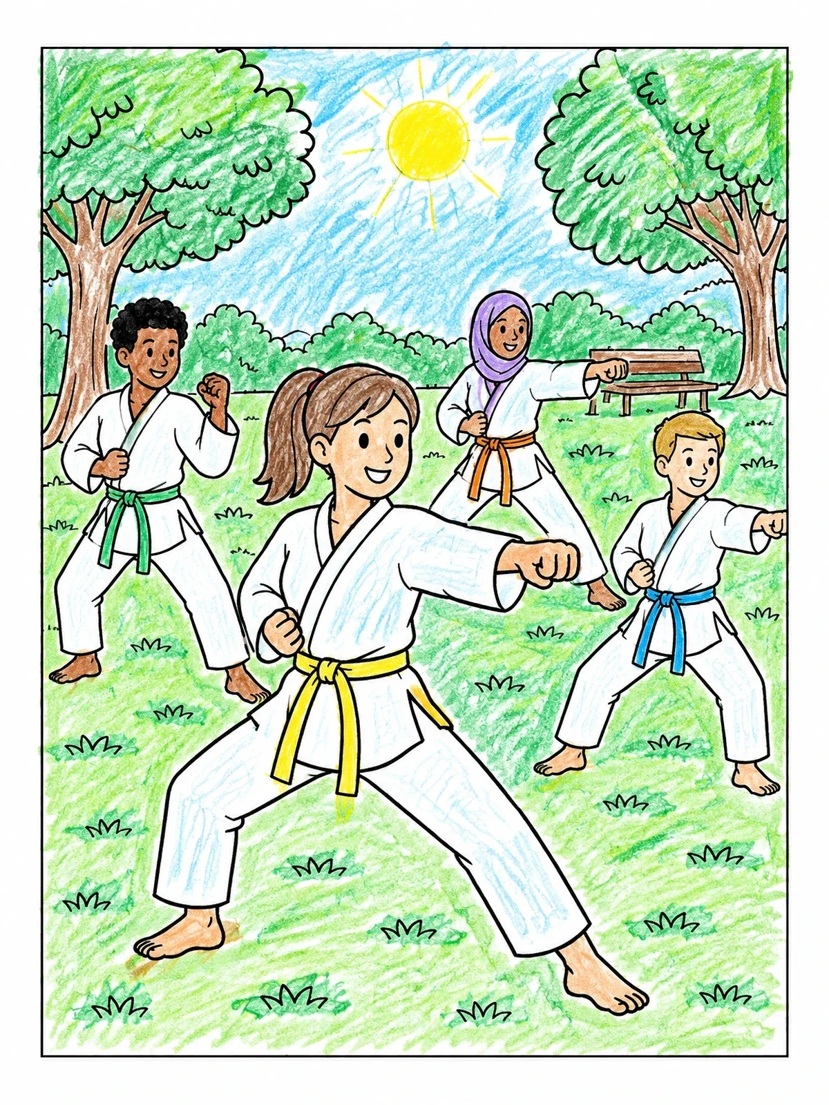 Colored example of the Kids Practicing Karate In The Park coloring page