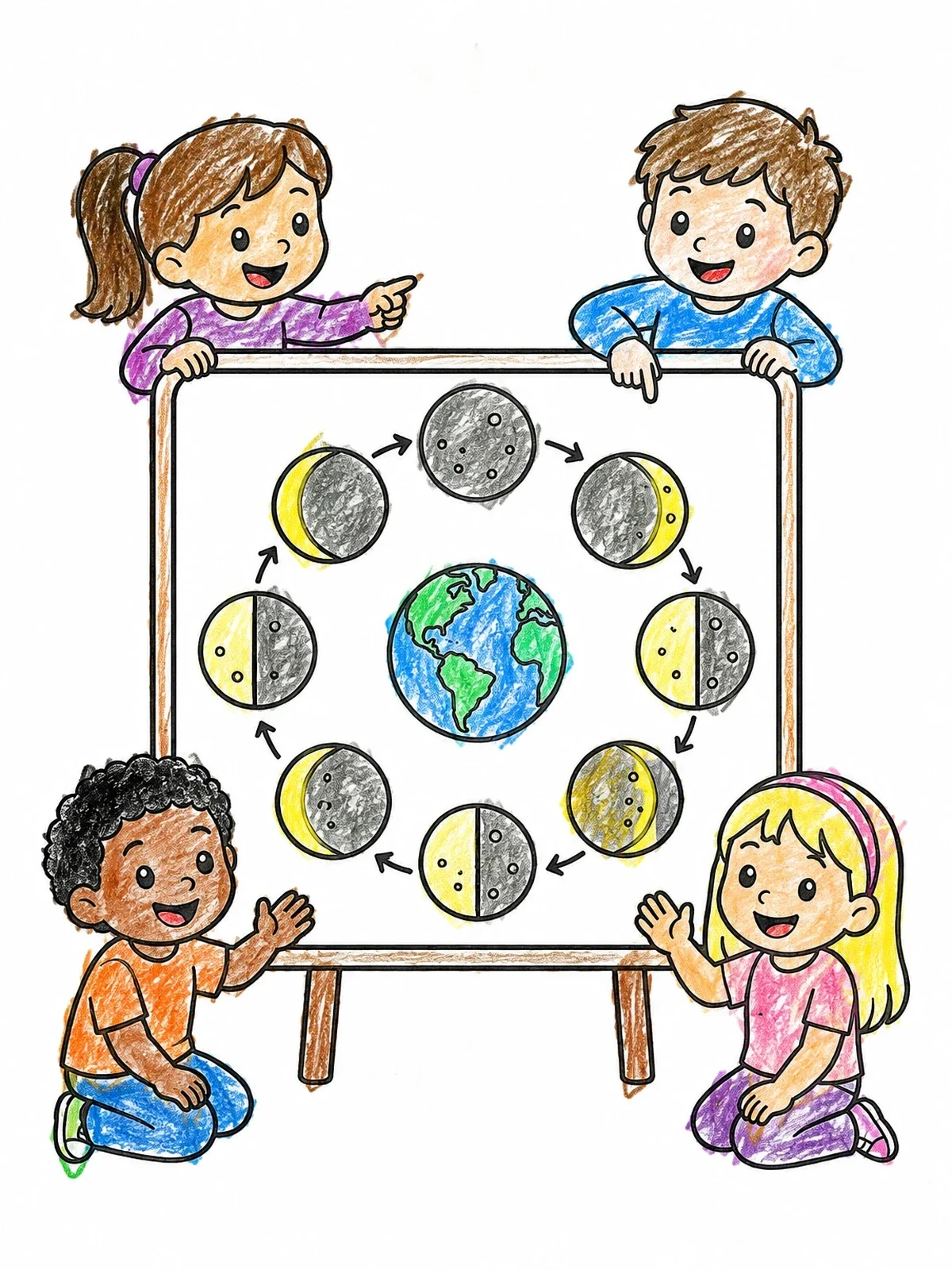 Colored example of the Kids Learning Moon Phases Chart coloring page