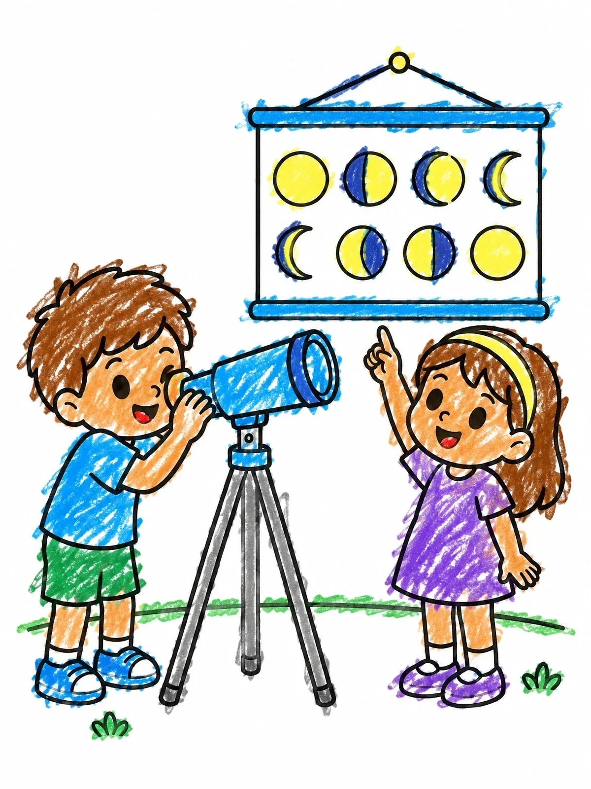 Colored example of the Children Learning Moon Phases With Telescope coloring page