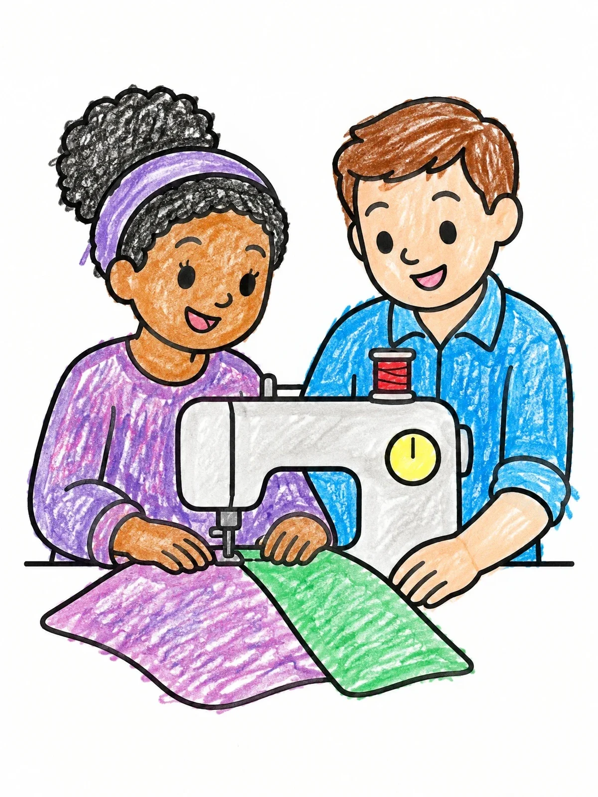 Colored example of the Sewing Together At The Machine coloring page