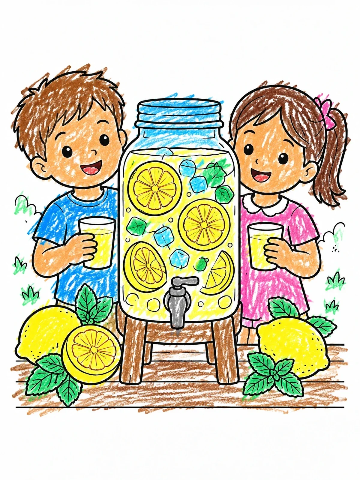 Colored example of the Children With Lemonade Drink Dispenser coloring page