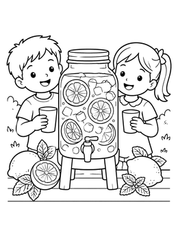 Free printable Children With Lemonade Drink Dispenser coloring page